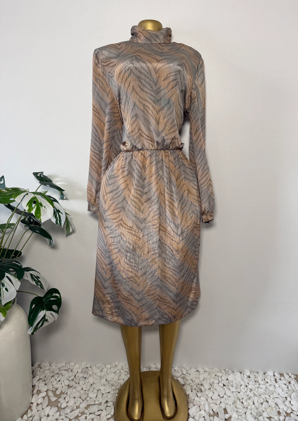 Vintage Metallic Tiger-Stripe Print Midi Dress