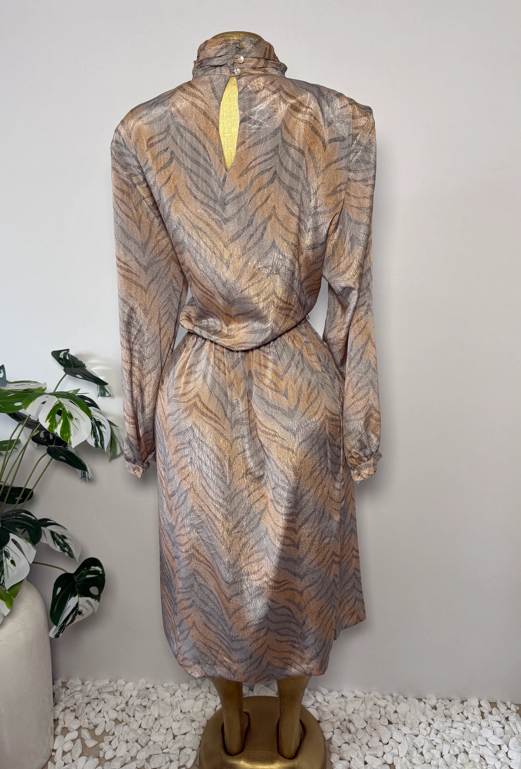 Vintage Metallic Tiger-Stripe Print Midi Dress