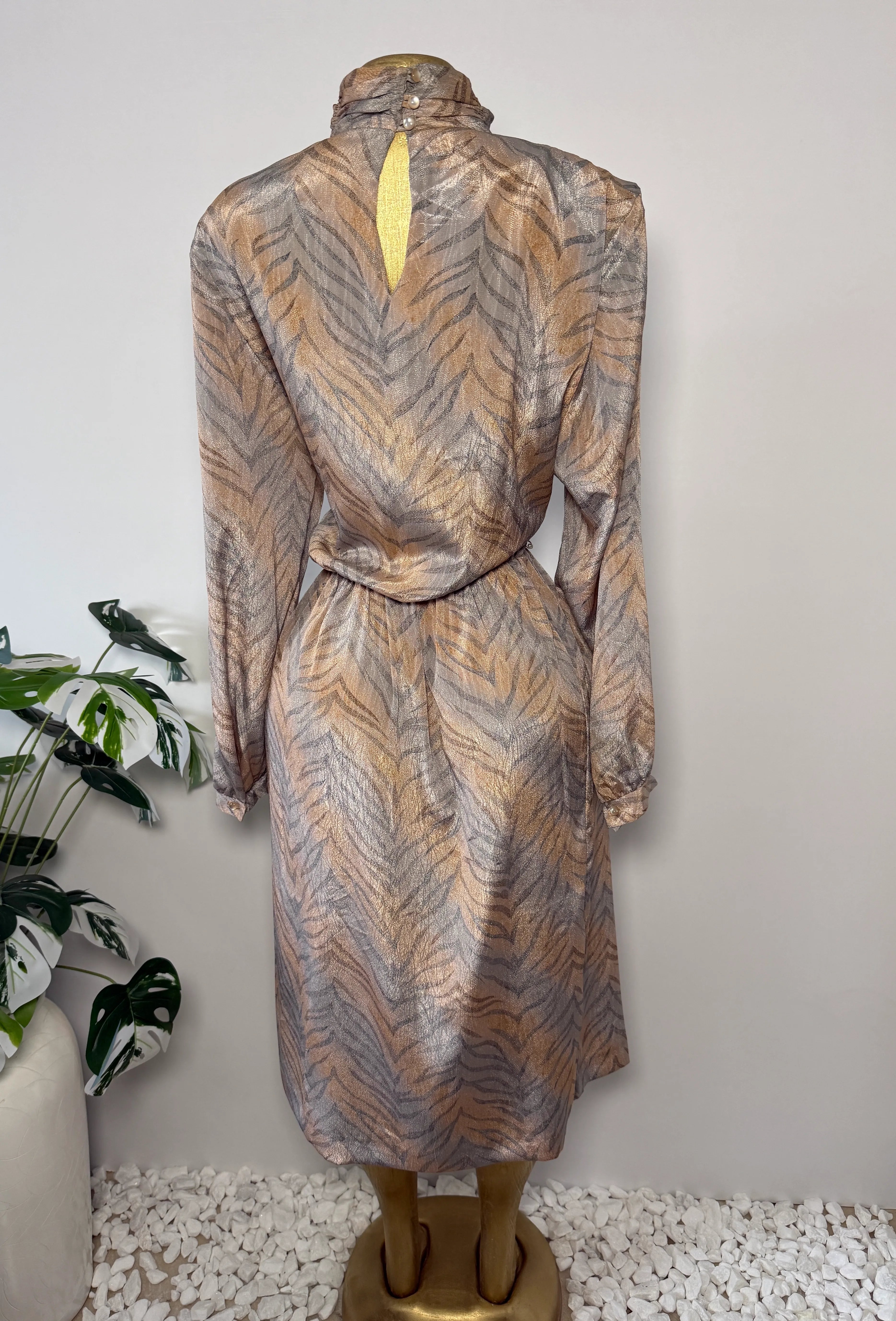 Vintage Metallic Tiger-Stripe Print Midi Dress