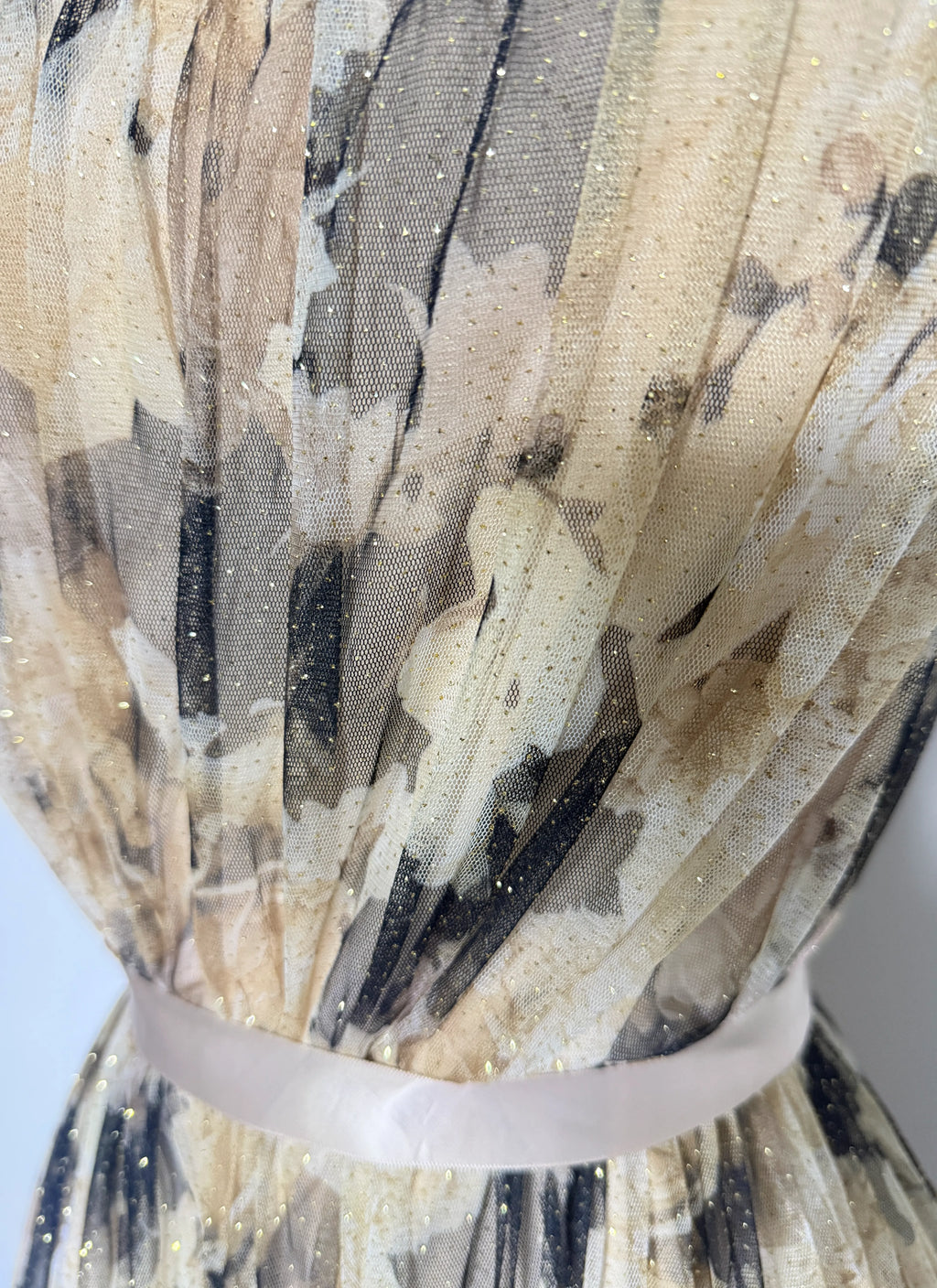 Beige Floral Glitter Mesh Maxi Dress