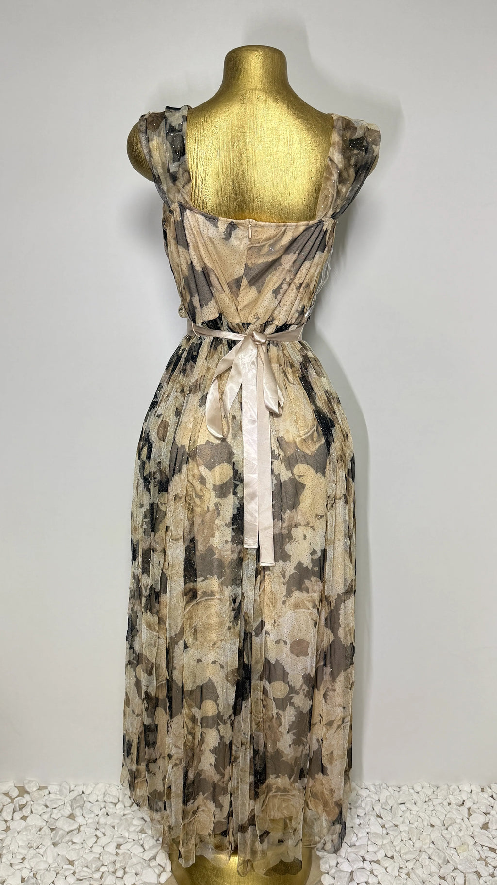 Beige Floral Glitter Mesh Maxi Dress