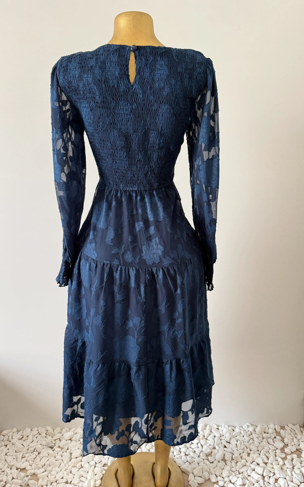 Navy Blue Floral Burnout Smocked Tiered Midi Dress