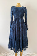 Navy Blue Floral Burnout Smocked Tiered Midi Dress