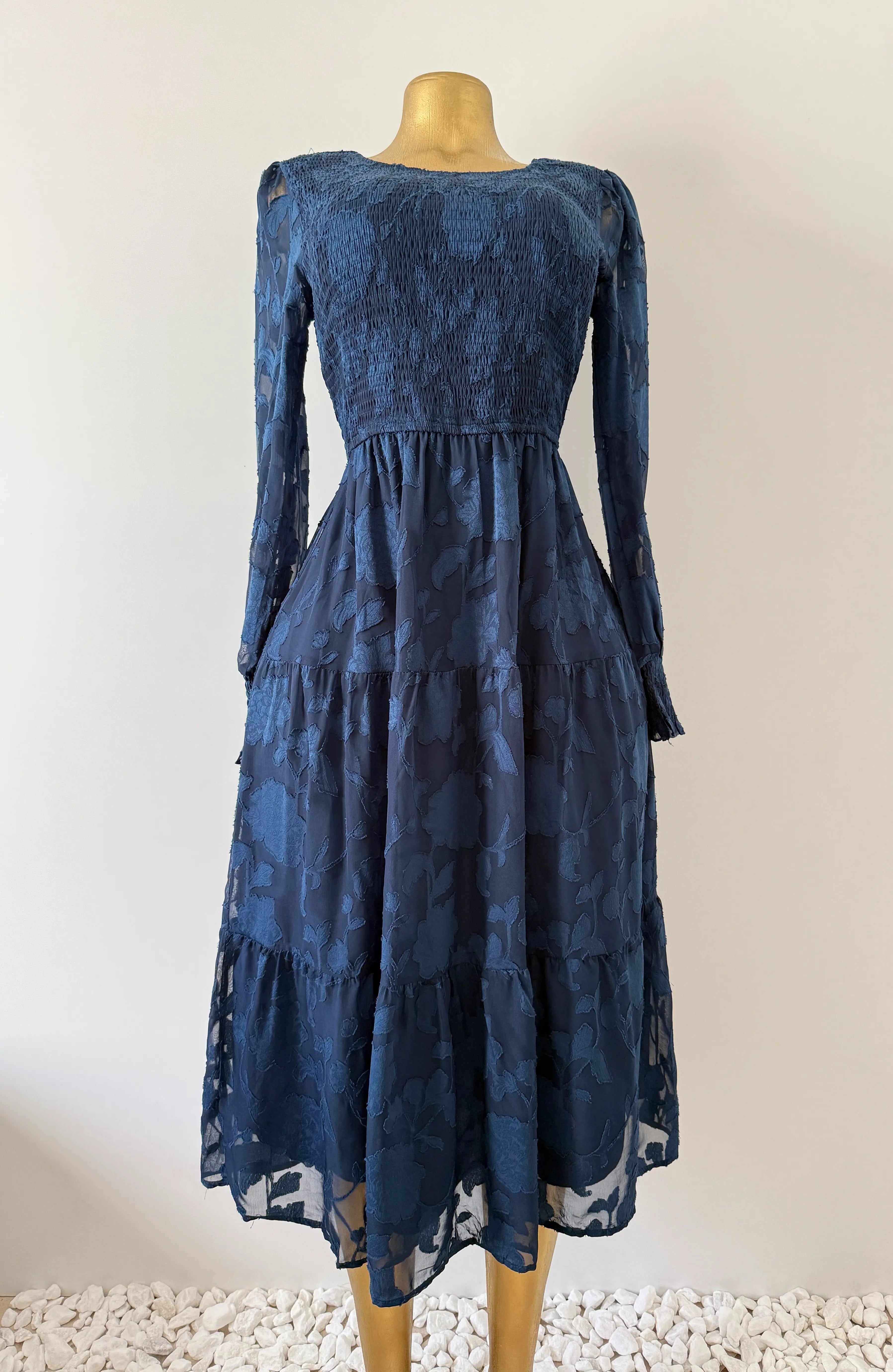 Navy Blue Floral Burnout Smocked Tiered Midi Dress