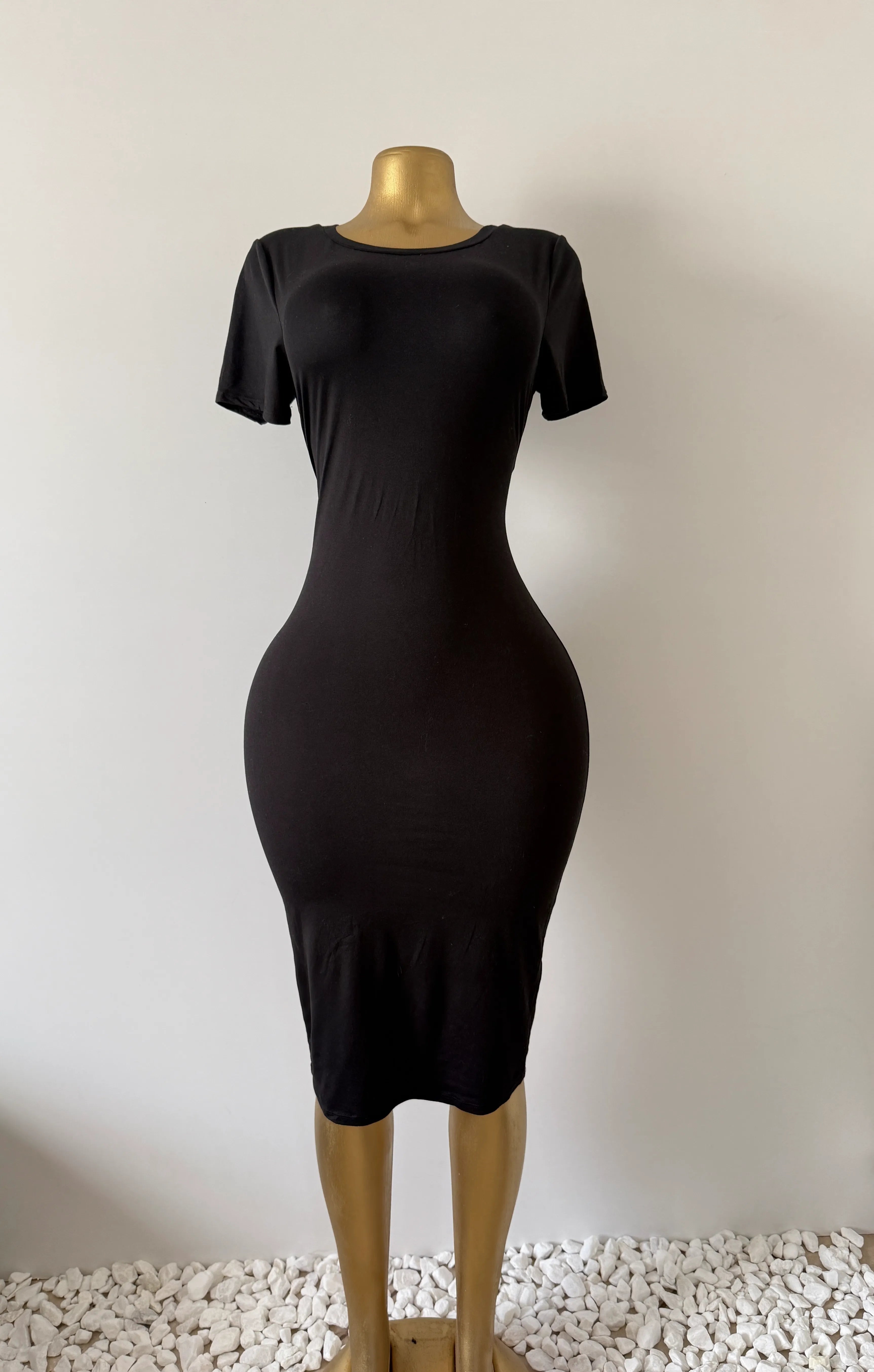 Black Short Sleeve Bodycon Midi Dress