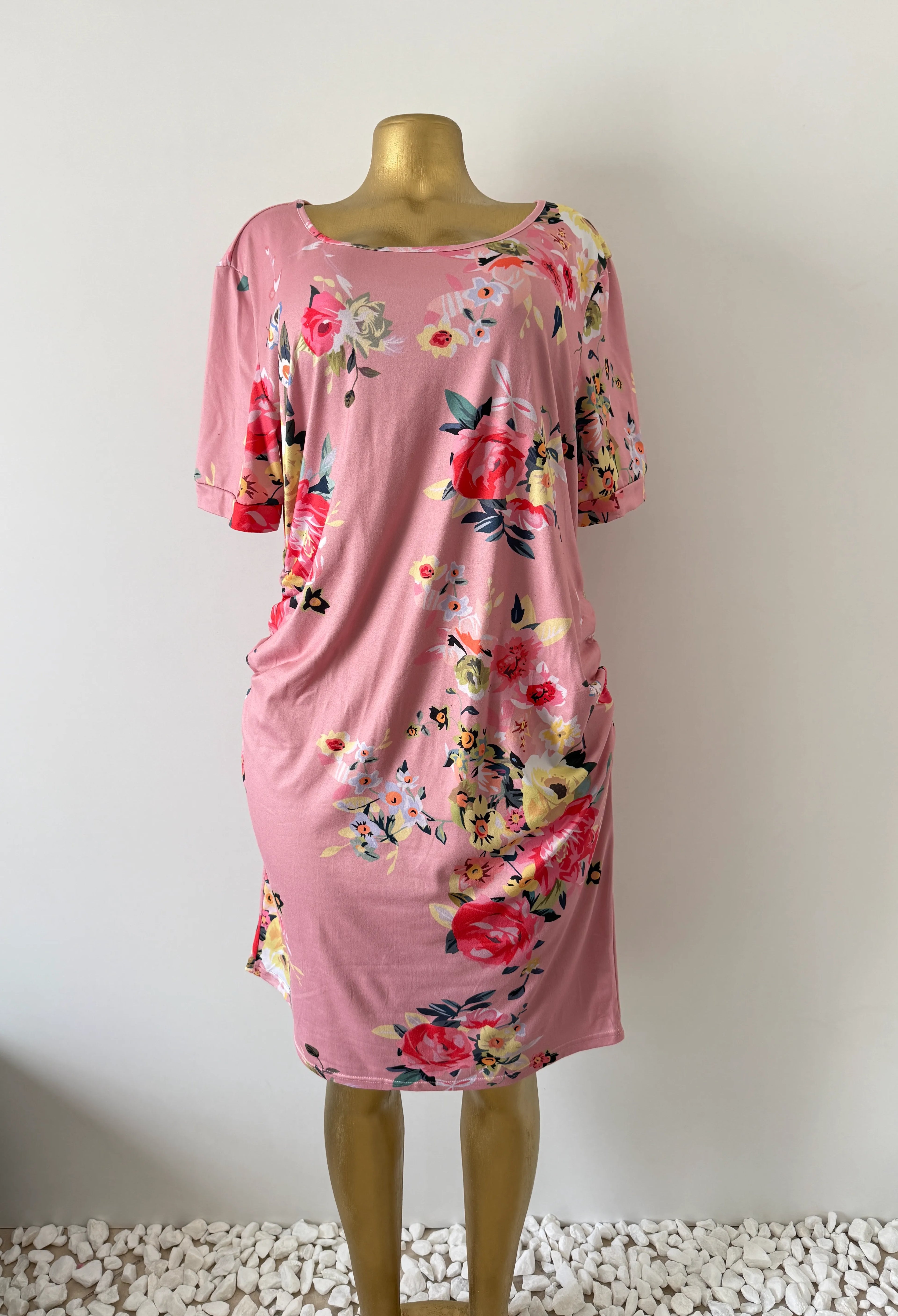 Pink Floral Short Sleeve Shift Dress