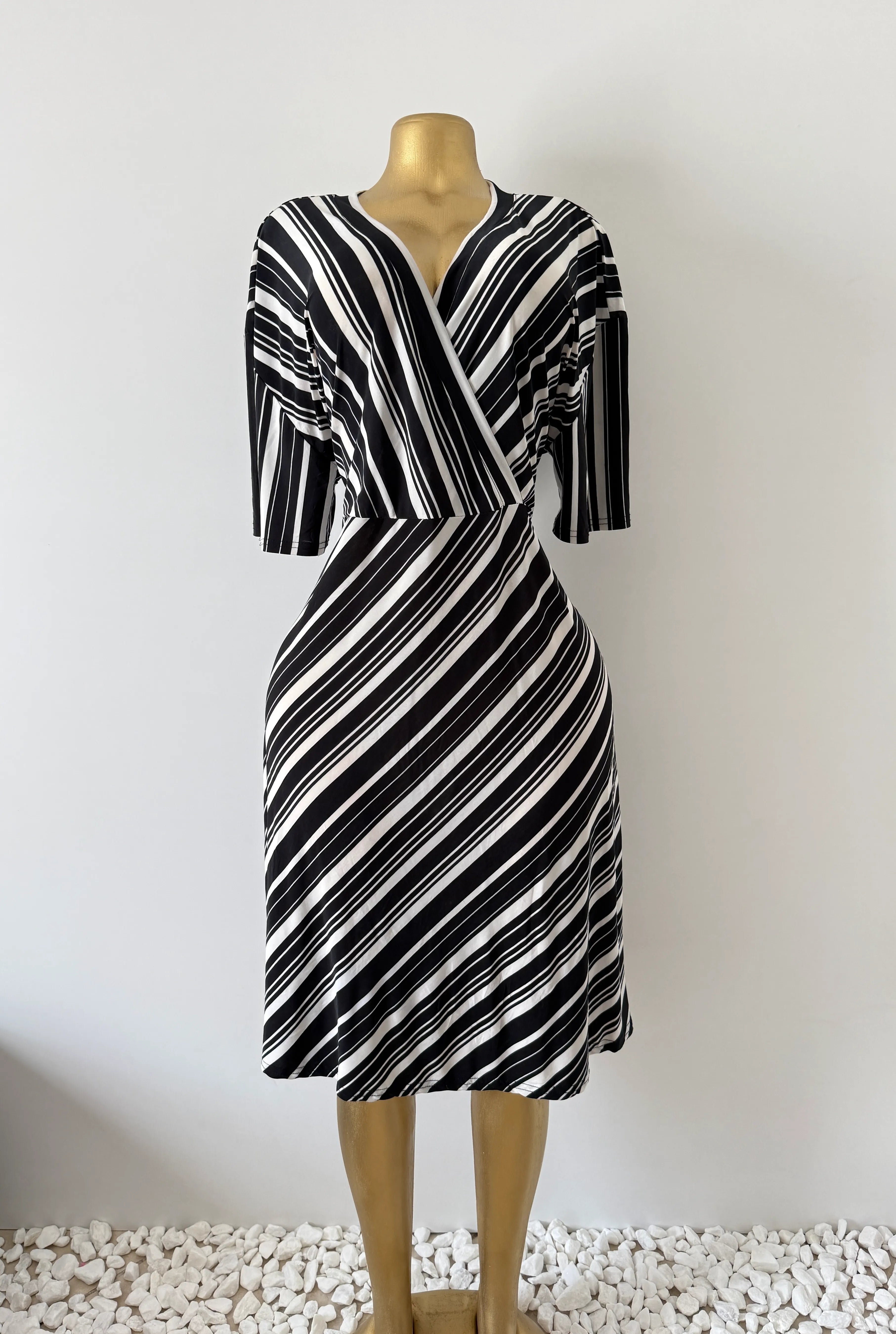 Mlle Gabrielle Black & White Stripe Wrap Midi Dress