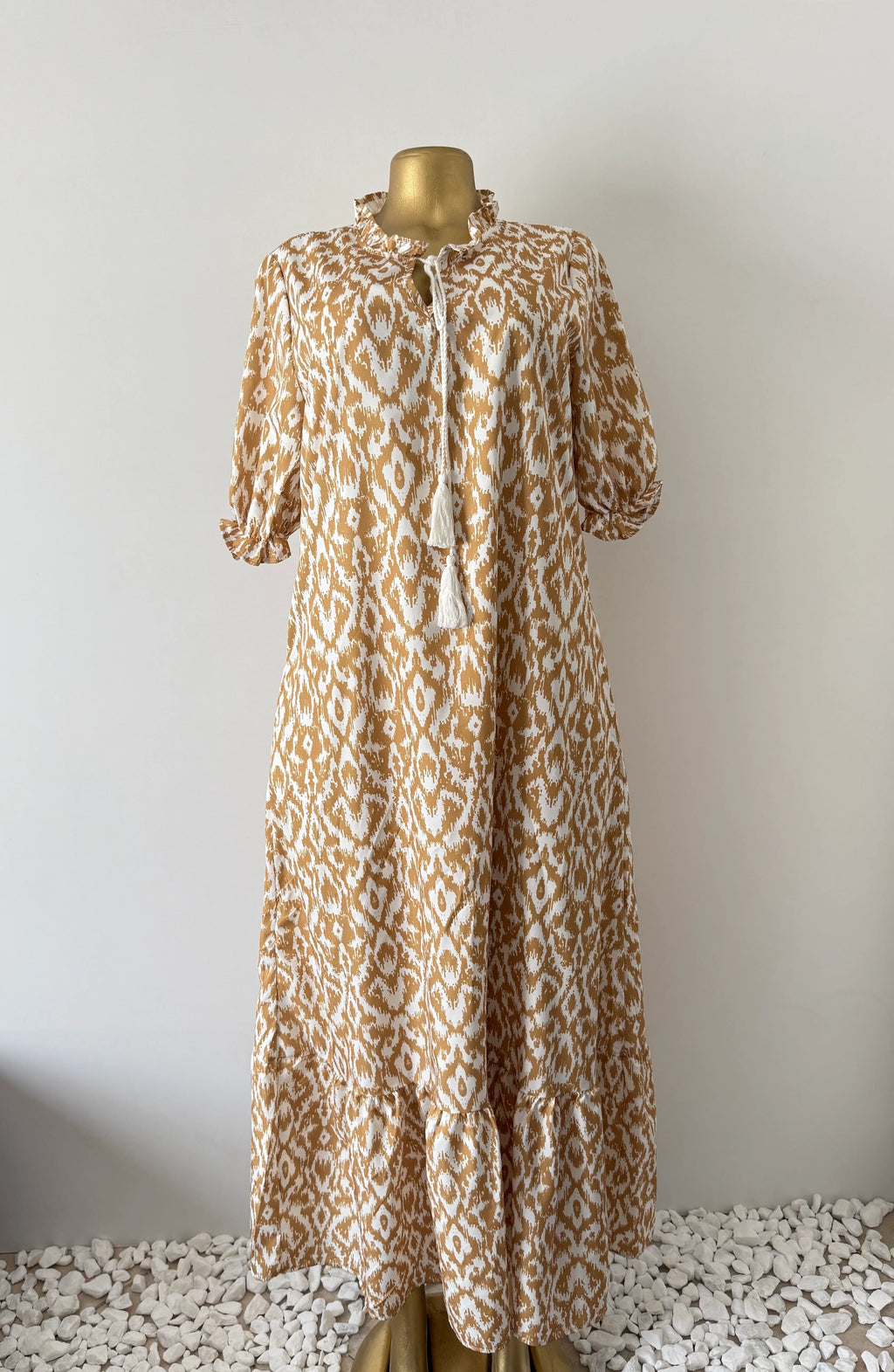 Tan & White Ikat Print Ruffle Neck Maxi Dress