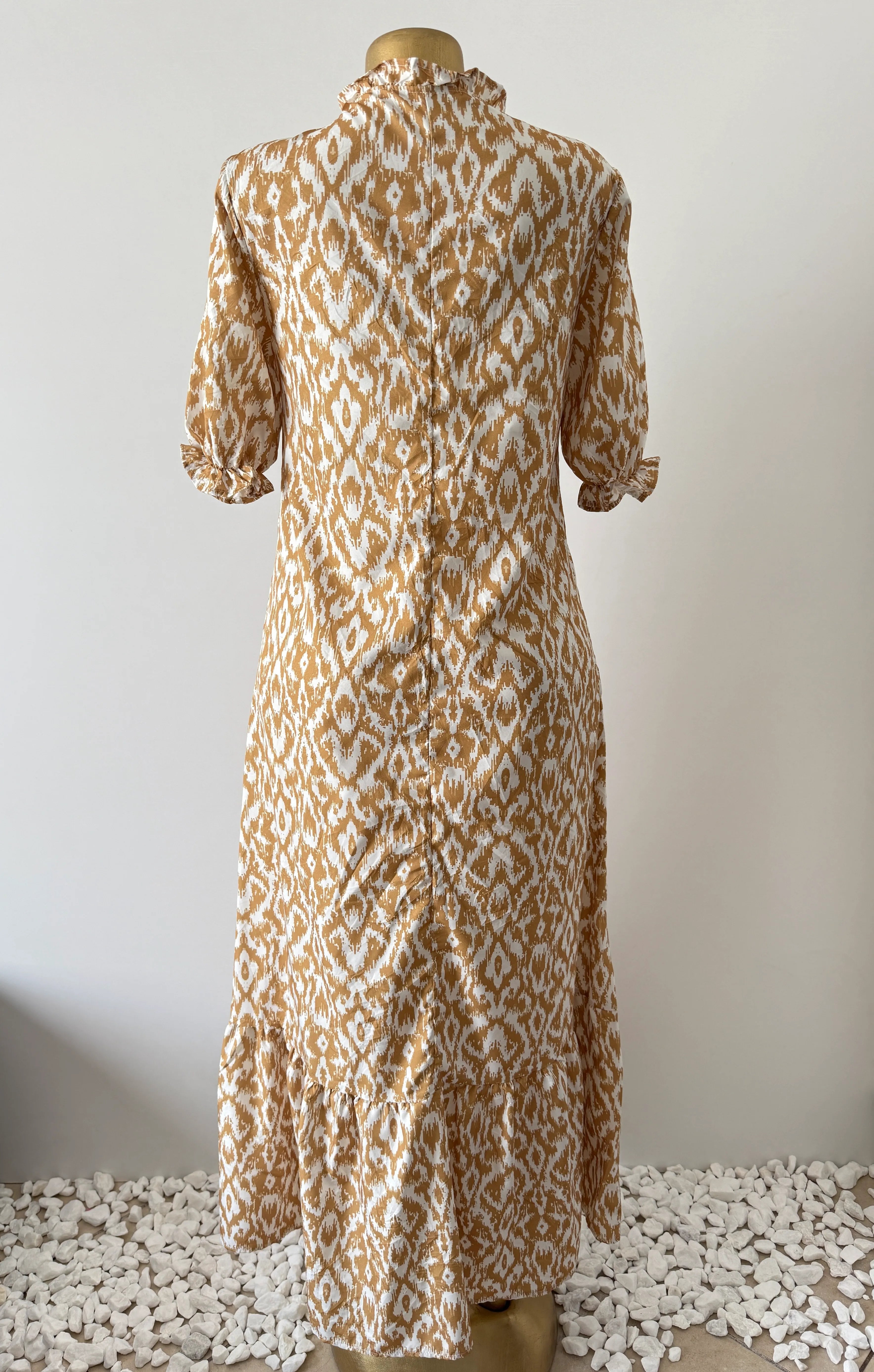 Tan & White Ikat Print Ruffle Neck Maxi Dress