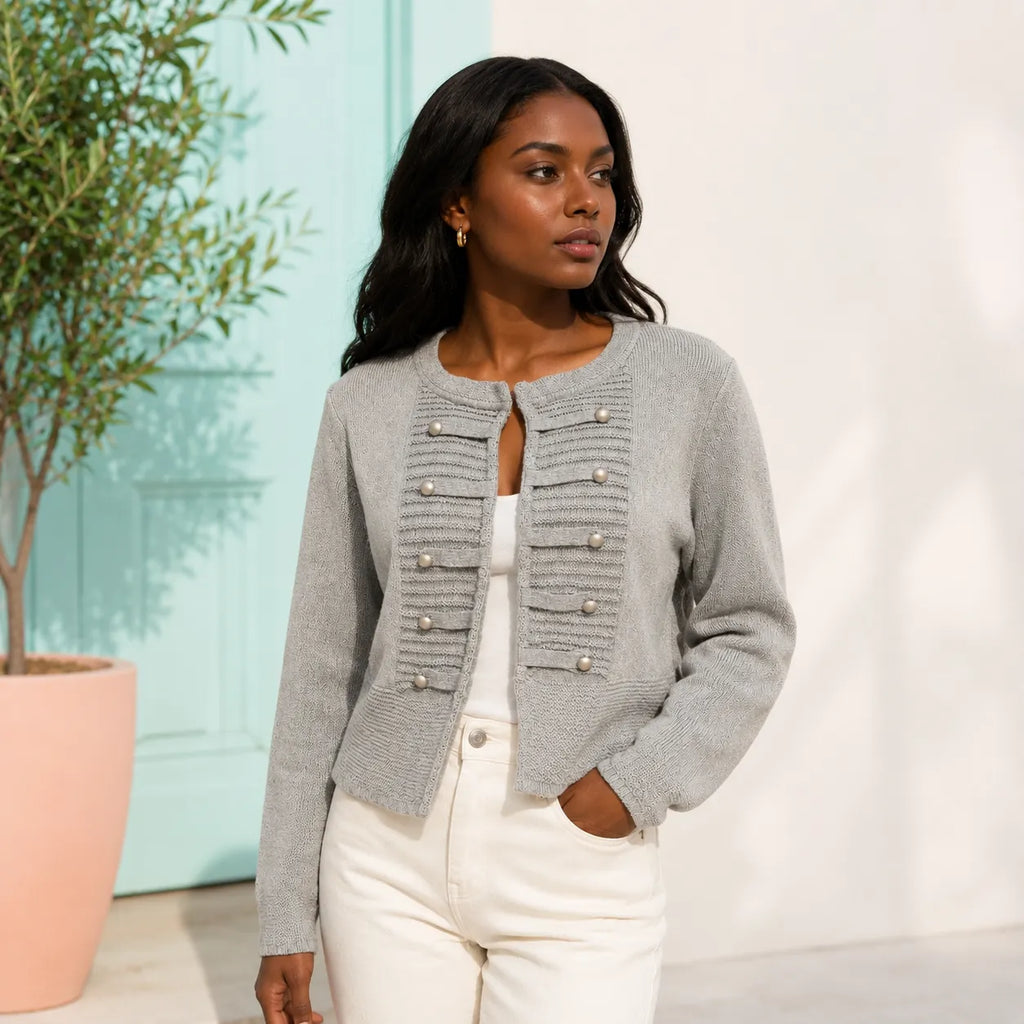 LIVRE Grey Knit Military Style Cardigan
