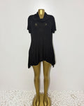 Orvaniwear black short-sleeve tunic with a draped cowl neckline and flowy asymmetric handkerchief hem.
