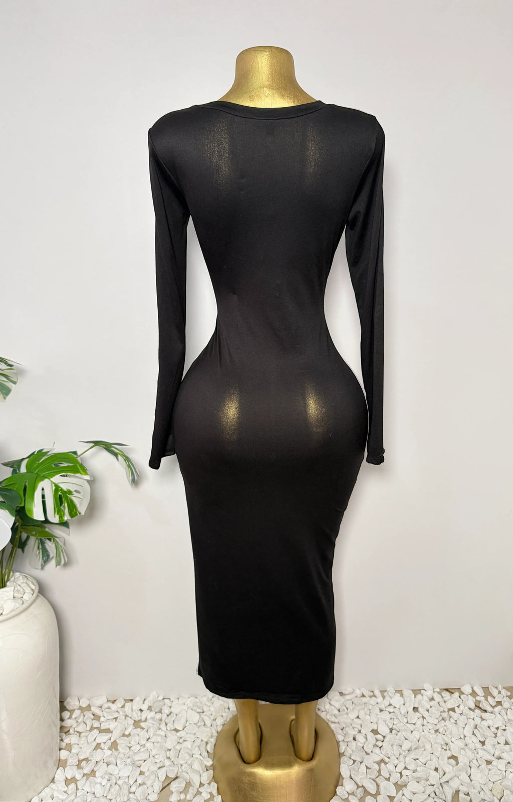 Orvaniwear long-sleeve black maxi dress on a mannequin, back view showing a sleek, form-fitting silhouette.