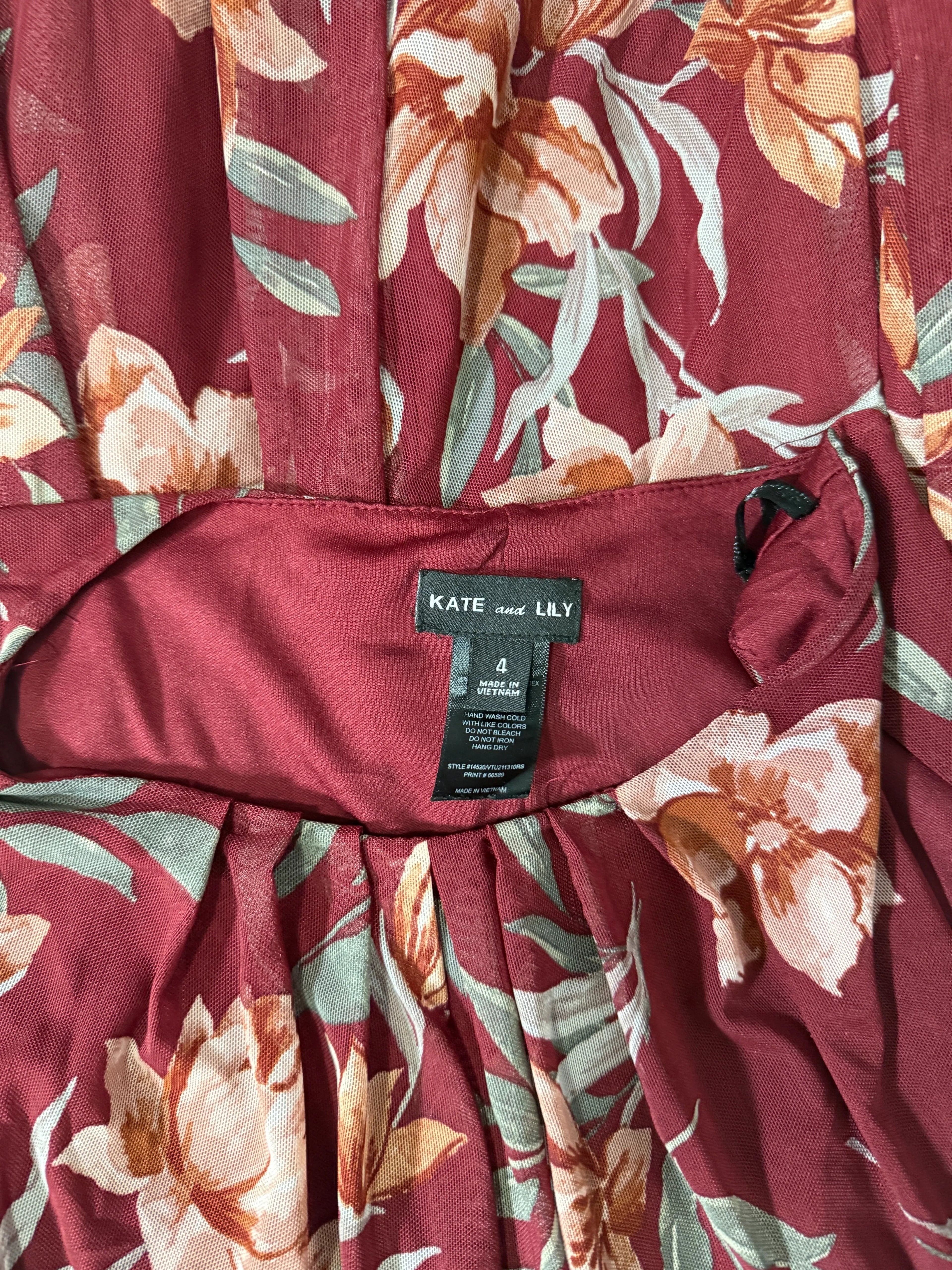 Orvaniwear Kate and Lily burgundy floral mesh midi dress with pleated skirt and size 4 label detail.