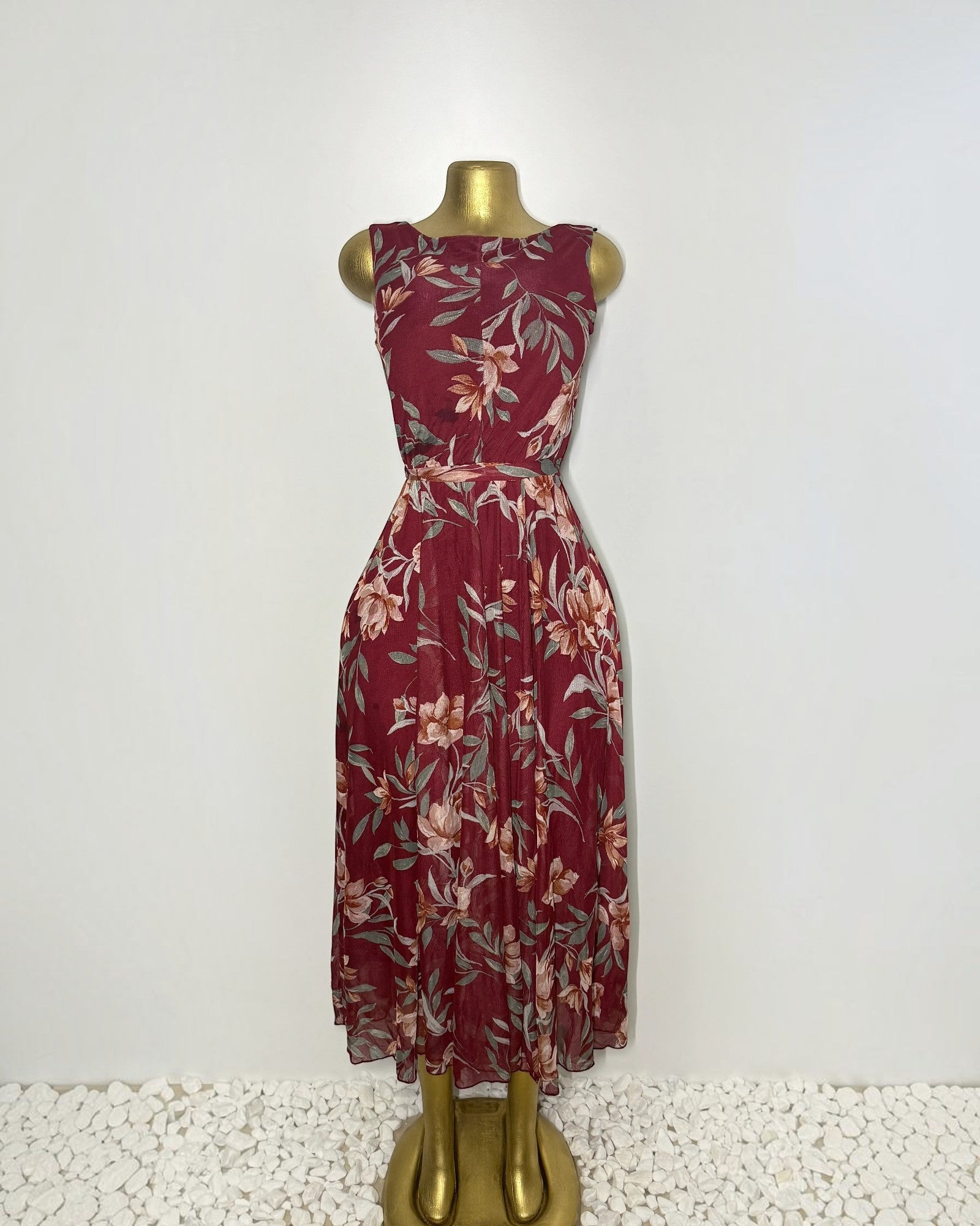 Orvaniwear Kate and Lily burgundy floral mesh midi dress with boat neckline, sleeveless cut, and tie waist belt.