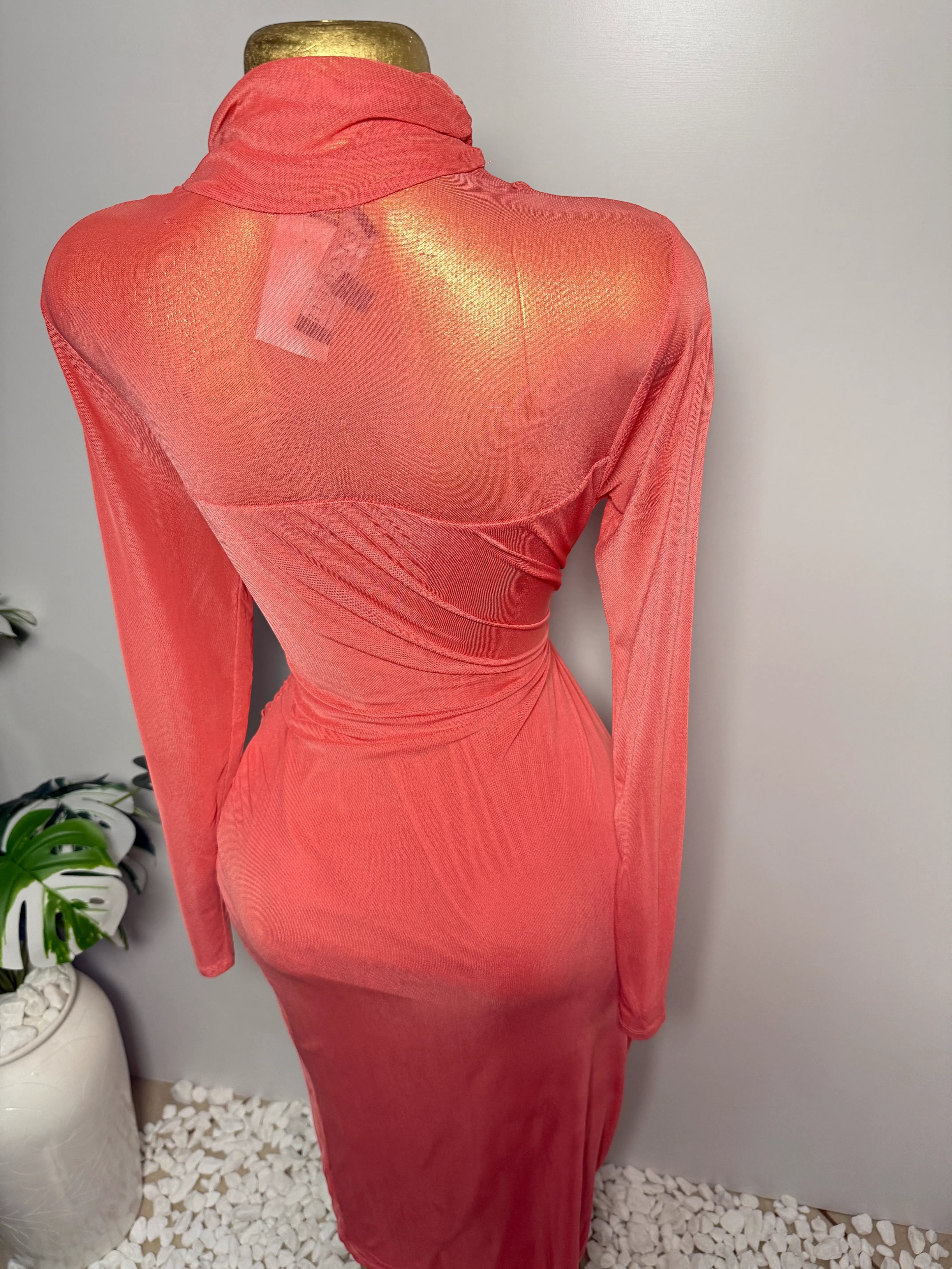 Orvaniwear coral mesh midi dress with long sleeves, mock-neck, and ruched waist detail, back view.
