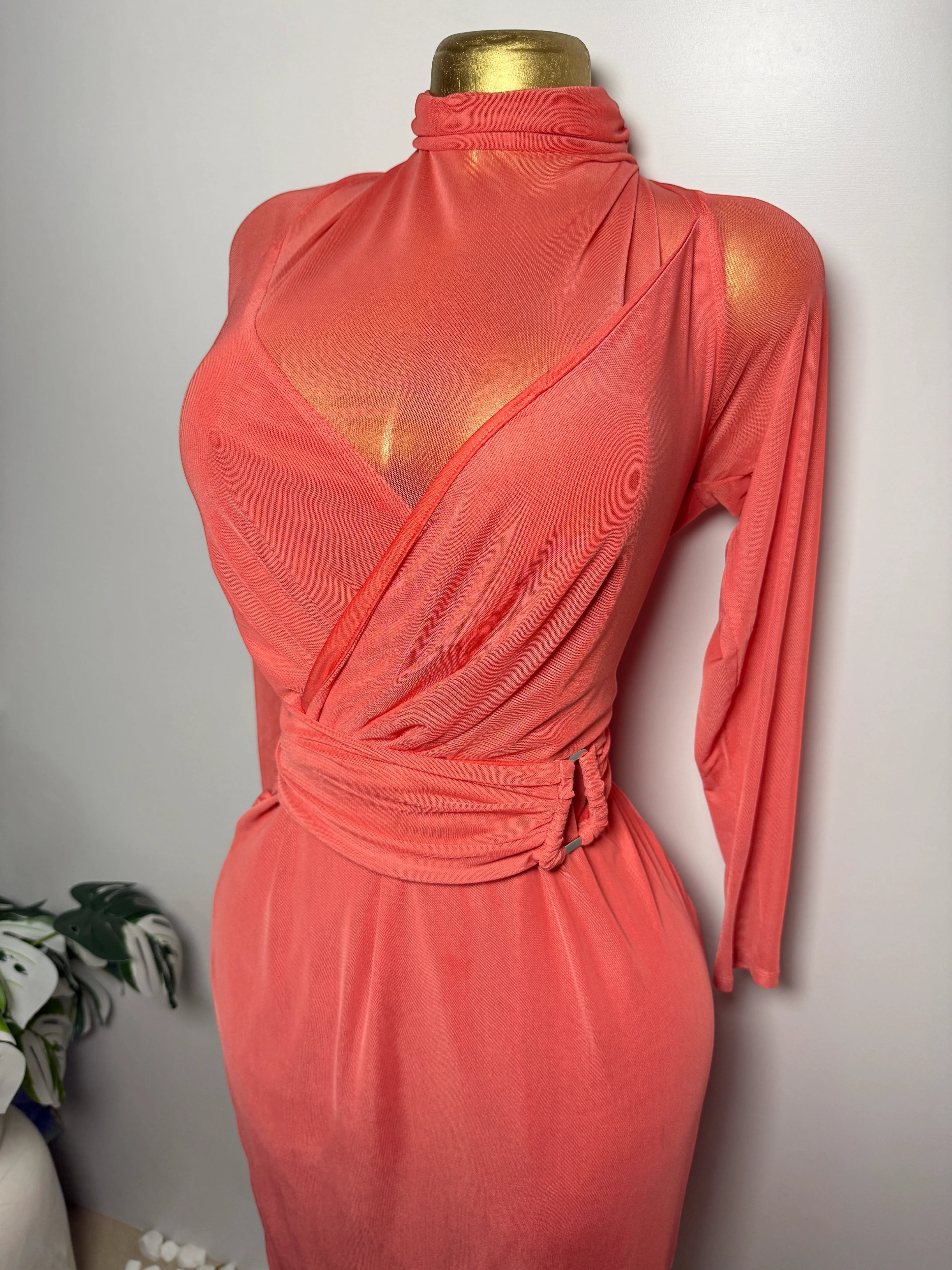 Orvaniwear coral mesh midi dress with halter mock-neck, wrap-front bodice, cutout shoulders, and ruched tie waist.
