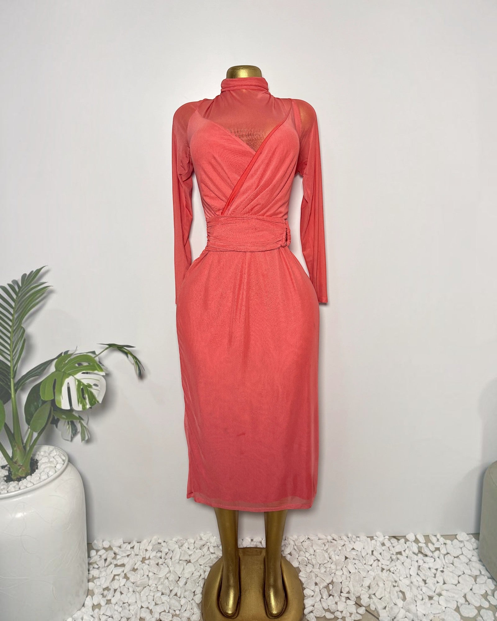 Orvaniwear coral mesh midi dress with halter mock-neck, wrap-front bodice, long sleeves, and ruched tie waist.