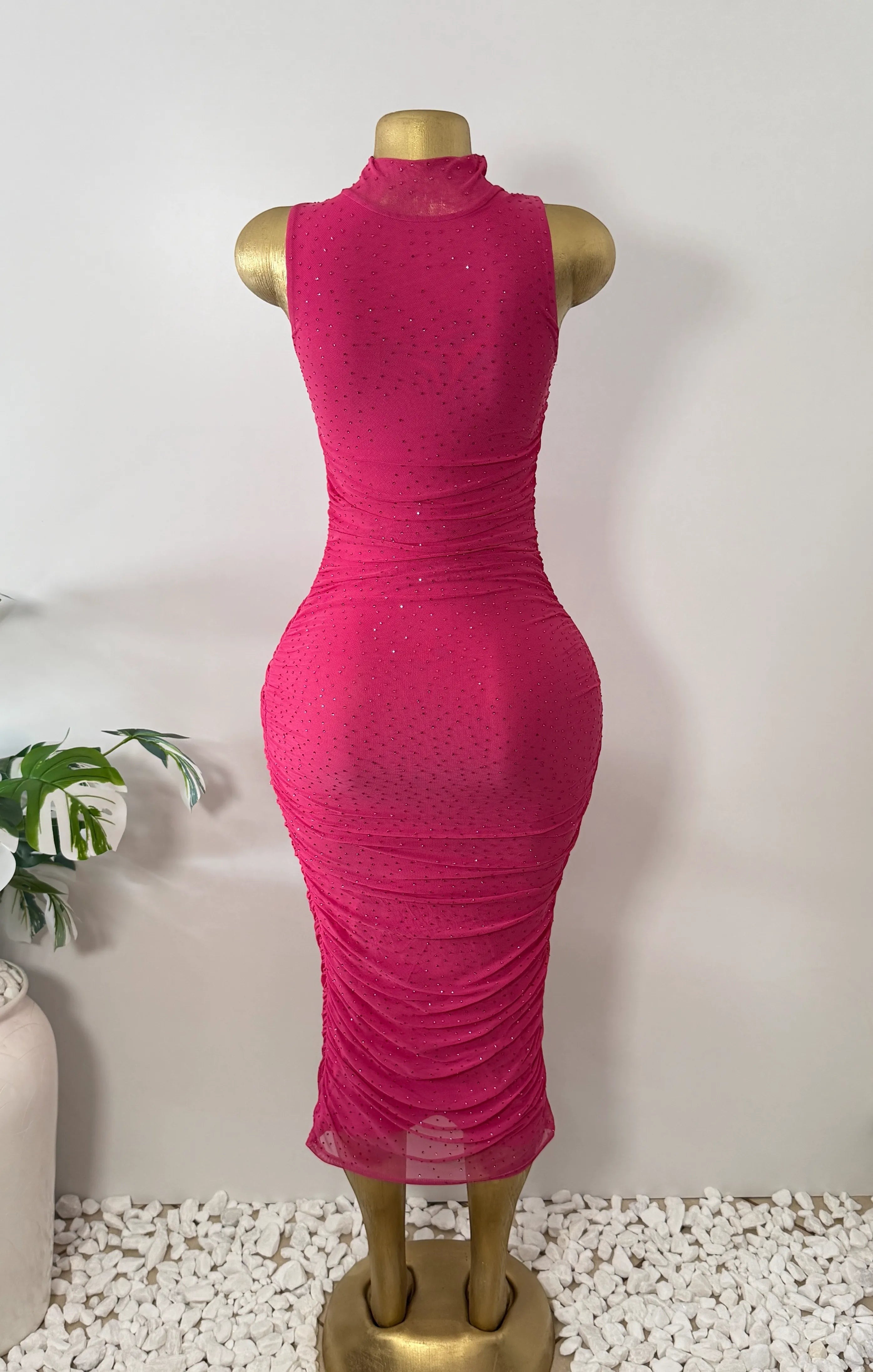 Orvaniwear hot pink mesh bodycon dress with mock neck, sleeveless cut, ruched detailing, and scattered rhinestones.