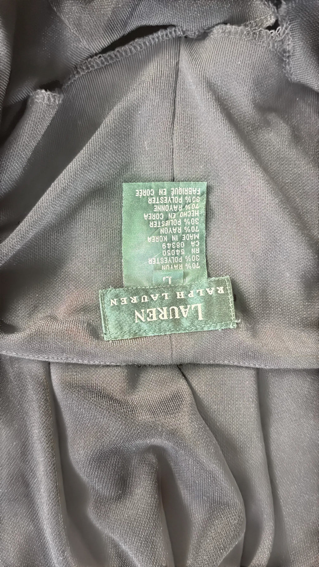 Orvaniwear Lauren Ralph Lauren black maxi dress garment care label showing material composition and size L