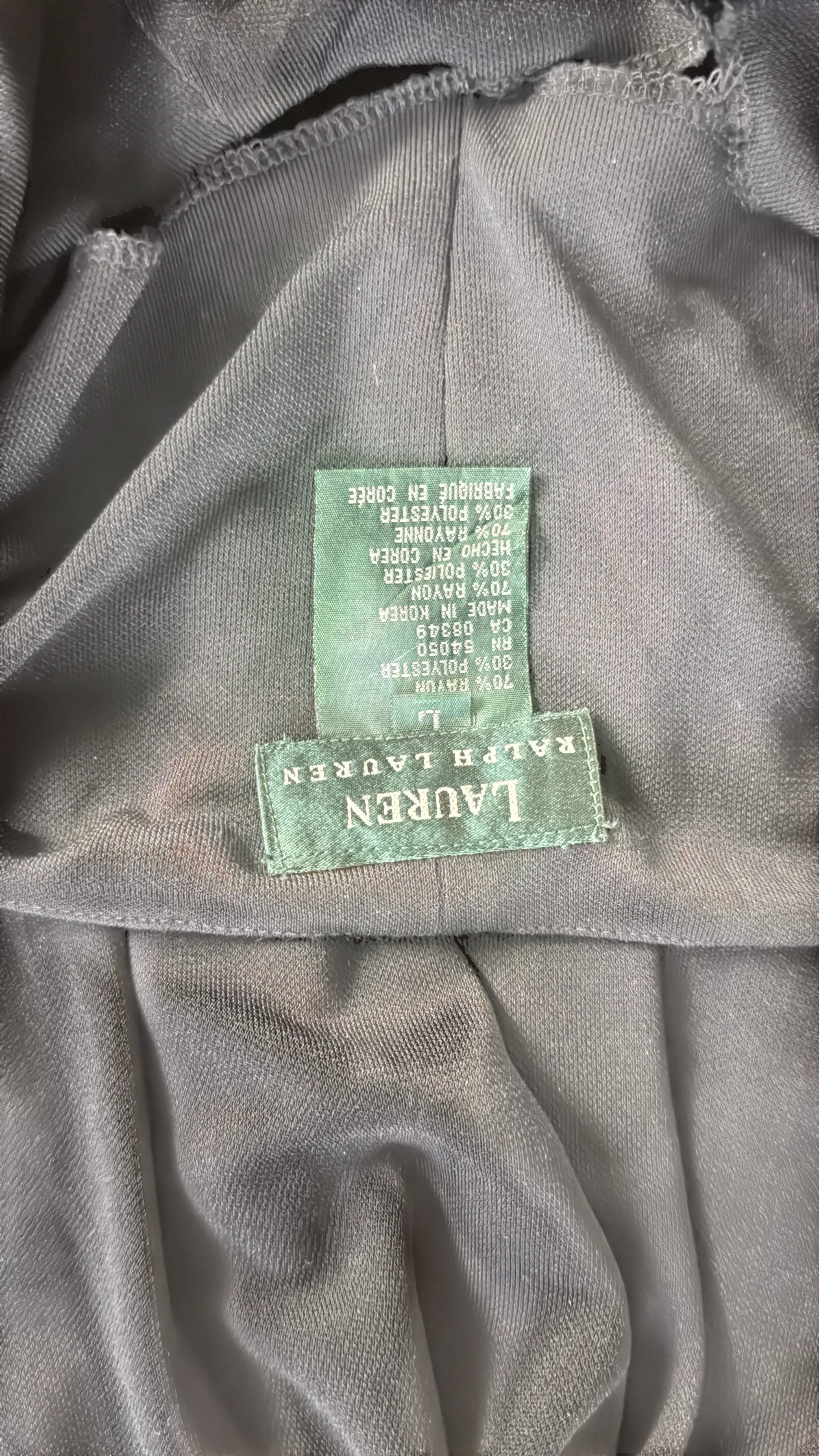 Orvaniwear Lauren Ralph Lauren black maxi dress garment care label showing material composition and size L
