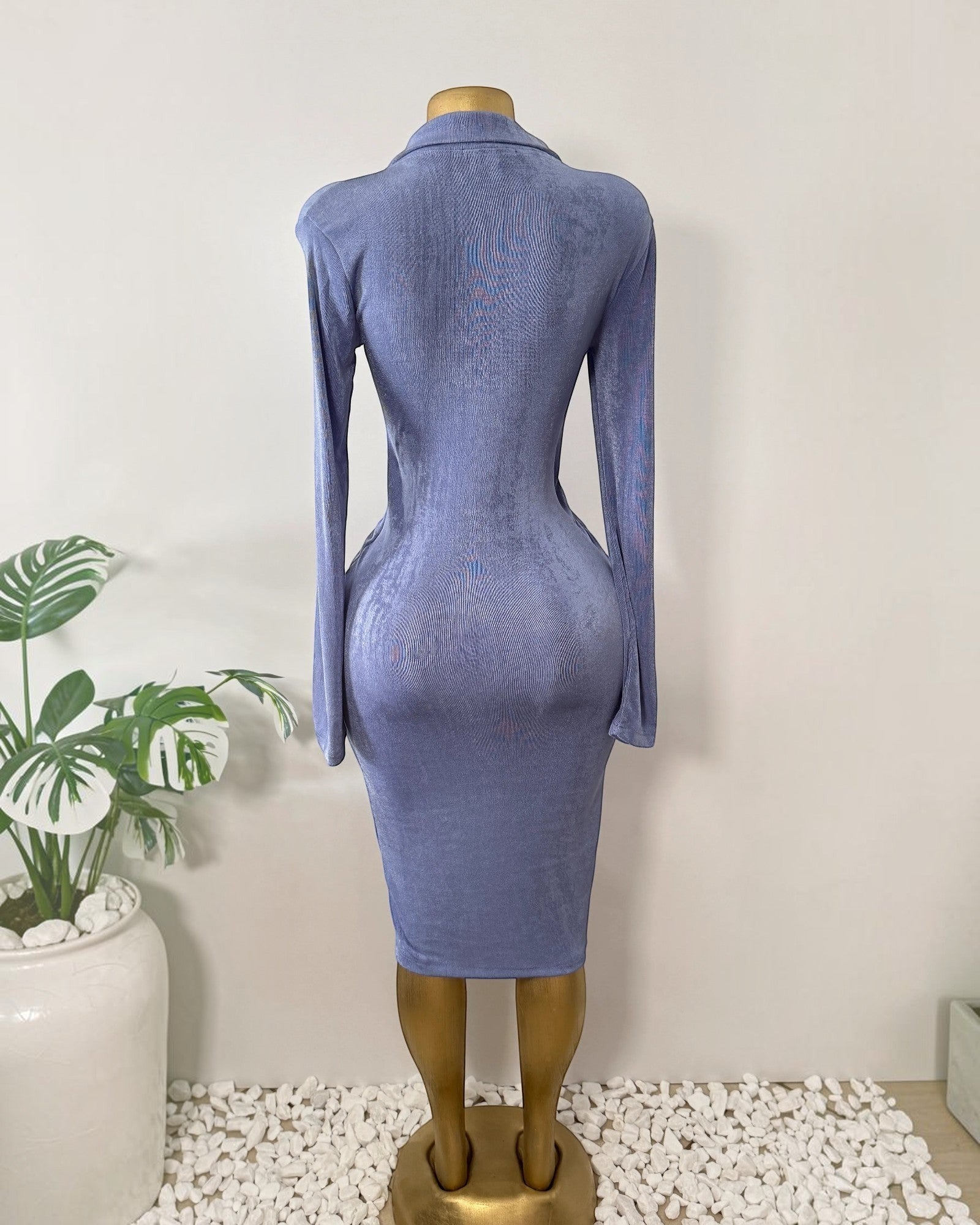 Orvaniwear lilac velour midi dress with long sleeves and a fitted bodycon silhouette shown from the back
