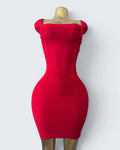 Orvaniwear BCBG Max Azria red bandage bodycon dress with a square neckline and sculpting stretch fit on a mannequin.