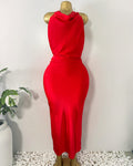 Orvaniwear red Forever 21 maxi dress featuring a cowl halter neckline, bodycon fit, and elegant open back design.
