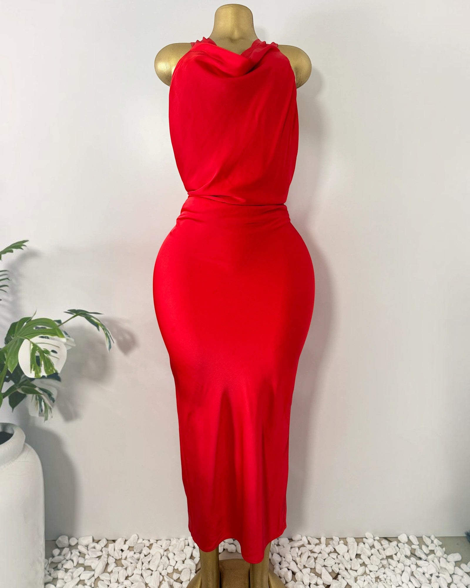 Orvaniwear red Forever 21 maxi dress featuring a cowl halter neckline, bodycon fit, and elegant open back design.