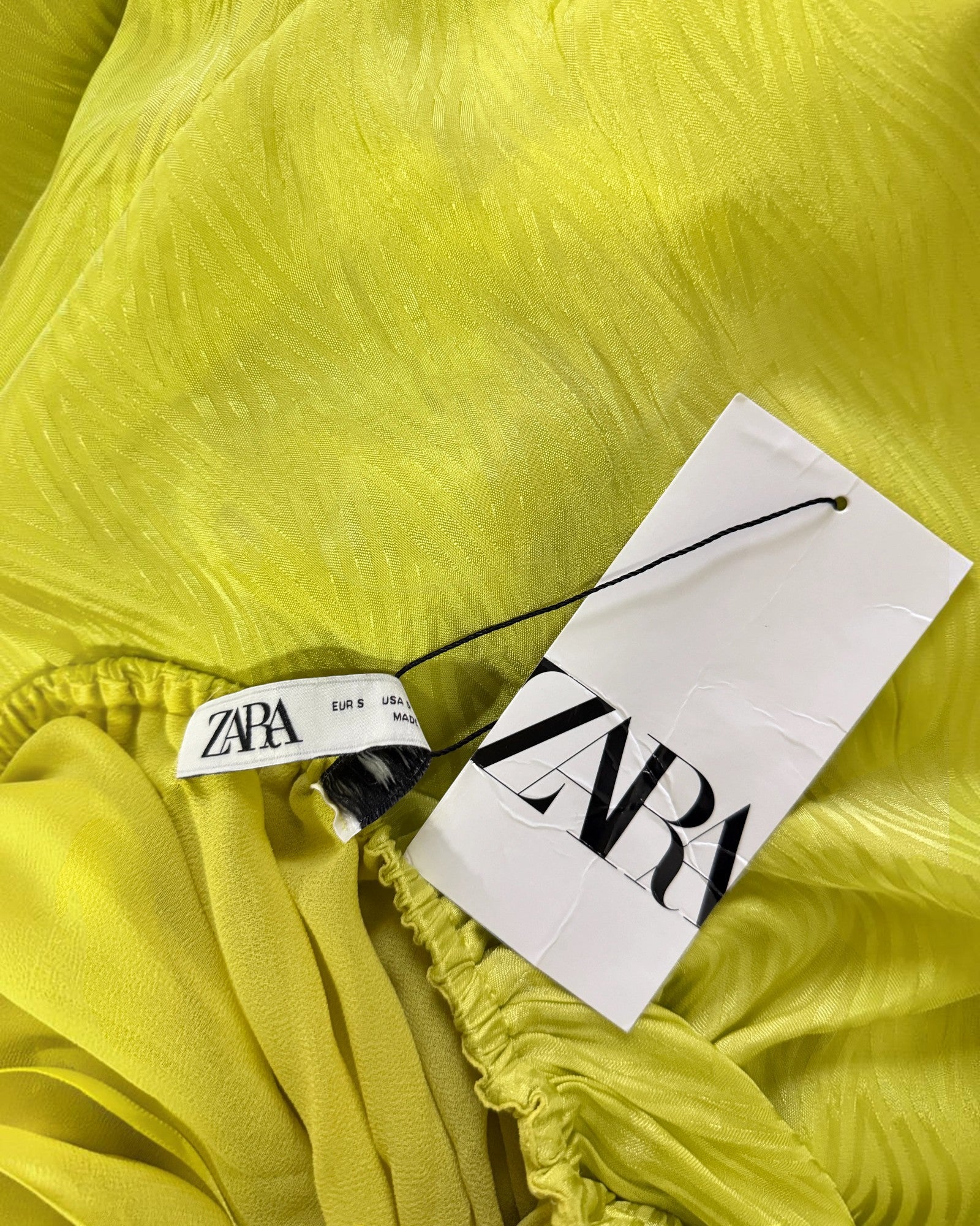 Orvaniwear Zara lime green satin midi dress with textured fabric and original brand tag attached