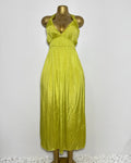 Orvaniwear Zara lime green satin midi dress with a plunging halter neckline and textured chevron pattern.